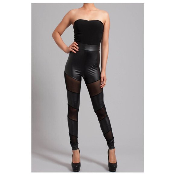 Pants - Black Mesh Faux Leather Skinny Leggings Bodysuit